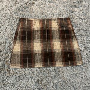 Frenchi Plaid Mini Wool Skirt in Brown and Tan/Cream w/hints of orange and gray